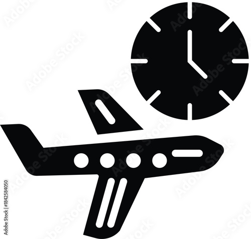 Airplane time icon. Flight Schedule icon. Flight and clock symbol. Airplane and clock icon. plane with a clock indicating travel time on Transparent Background
