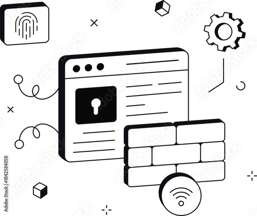 Secure network access with fingerprint scan firewall isometric flat vector illustration