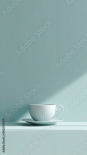 White textured teacup and saucer sit on light blue shelf against light blue wall with shadow.