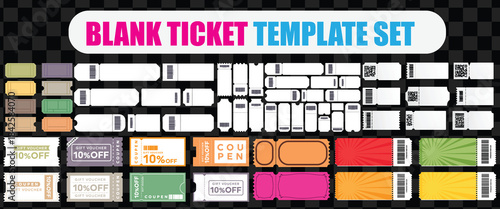 Collection of blank ticket templates featuring various shapes colors and discount voucher designs for events