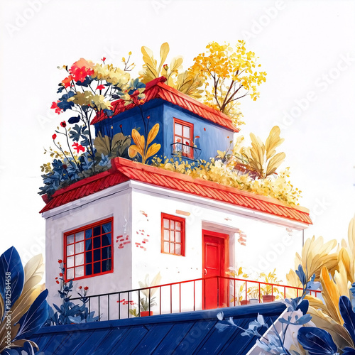 Charming cottage with red roof and rooftop garden surrounded by flowers