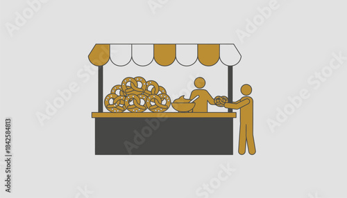 A bustling stand featuring handmade artisan pretzels twisted into various shapes generously coated in salt and served with a side of y mustard.