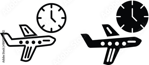Airplane time icon. Flight Schedule icon. Flight and clock symbol. Airplane and clock icon. plane with a clock indicating travel time on Transparent Background
