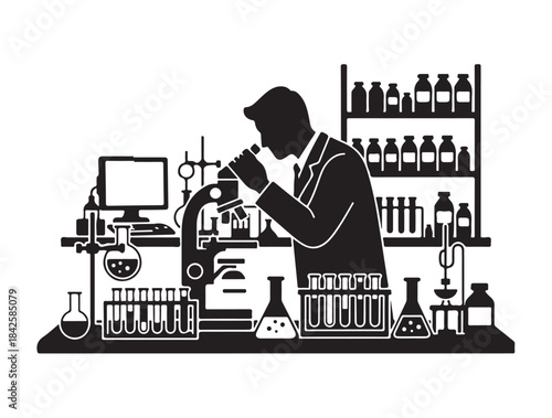 Biochemistry Lab in silhouette white background..
