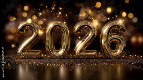 A luxurious New Year celebration scene featuring large golden 3D numbers 