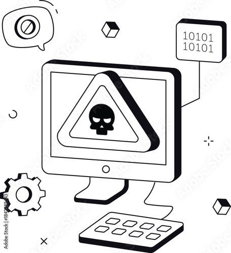 Computer showing skull alert about virus security isometric flat vector illustration