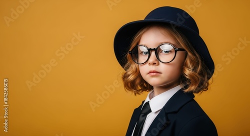 Wallpaper Mural Intelligent Child: A stylish child exudes confidence, sporting round glasses, a smart hat, and a sophisticated suit, posing with an air of intellectual charm against an eye-catching backdrop. Torontodigital.ca