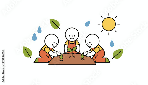 A garden area with children planting seeds in soil excitedly learning about nature and growth.