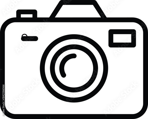 A simple, bold black line vector icon of a classic digital camera with a prominent lens, representing photography, multimedia, visual arts, creative hobbies, technology, and modern digital capture.