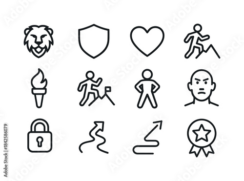 Courage Icon Set. Courage. Line icon set of Courage: lion head,