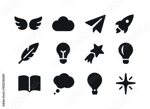 Imagination Icons Grid. Imagination Flying. Solid icon set of Im