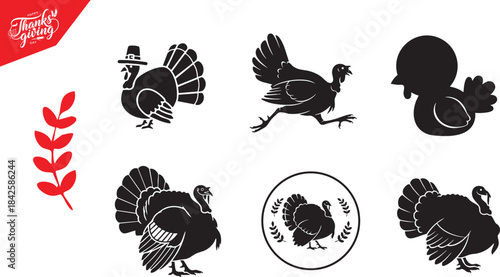 Thanksgiving Turkey Silhouettes Vector Set with Pilgrim Hat and Various Poses for Holiday Design