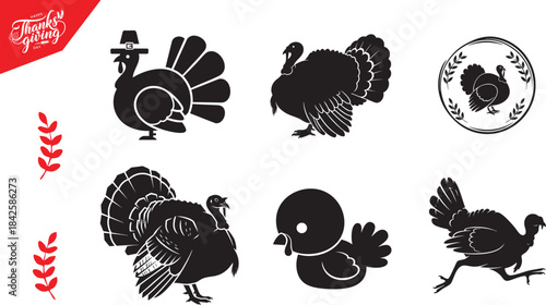 Thanksgiving Turkey Silhouettes Collection - Holiday Bird Vector Illustrations