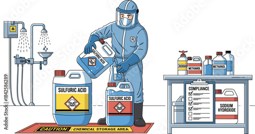 Hazardous chemical handling safety in laboratory with protective gear, sulfuric acid transfer, compliance checklist, and emergency eyewash station.