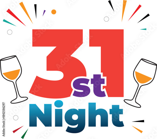31st night december celebration logo with wine glasses illustration and festive fireworks