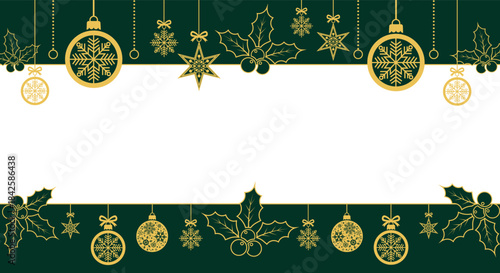 Elegant Christmas border background with green and white space, gold hanging ornaments, snowflakes, stars and holly leaves; festive holiday template for greeting cards, invitations and seasonal design