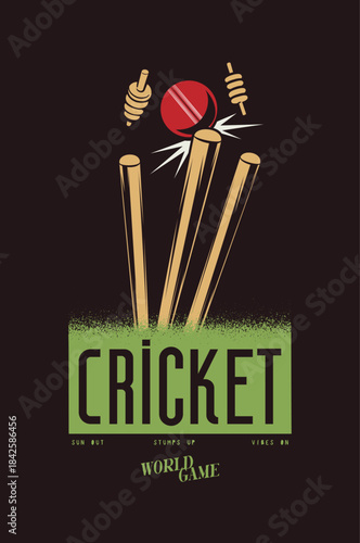 Dynamic illustration of a cricket ball hitting the stumps with a distressed texture, perfect for sports apparel
