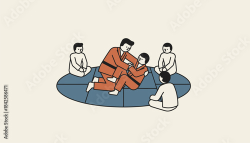 A coach demonstrating a complicated grappling technique to attentive students on a padded mat.