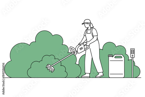 Professional Gardener Using Trimmer for Outdoor Bush Maintenance Vector Illustration