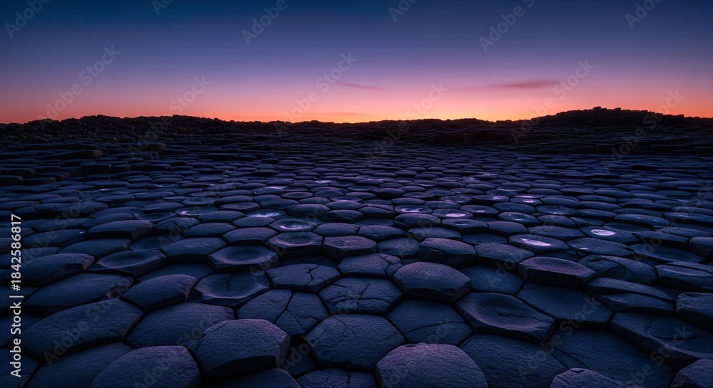 Obraz premium Low-Angle Shot of Basalt Columns Forming a Symmetrical Hexagonal Pavement Under Twilight Sky
