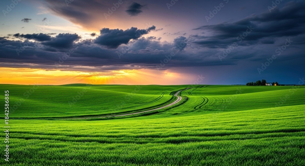 Fototapeta premium Vast Rolling Green Hills Under Dramatic Sunset Sky.