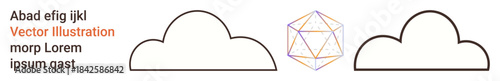 Data storage, cloud computing, abstract design, geometric patterns, networking, digital connections. Two outlined cloud shapes with a centered geometric figure and text. Cloud computing and data