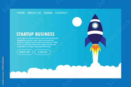 Startup launch landing page. Rocket launch, easy business start and futuristic space travel vector 