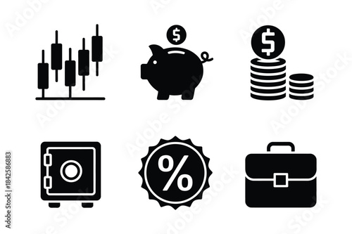 Set of six financial and business icons representing savings, investment, and security