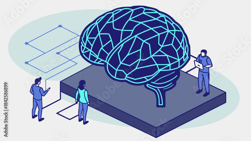 3D rendering of deep learning AI neural network processing big data, machine intelligence with chipset on circuit board.