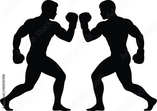 Black Silhouette of Two Boxers in a Fighting Stance with Gloves, Symbolizing Competition, Strength, Combat Sport, Fitness Training, and Aggressive Athletic Challenge.