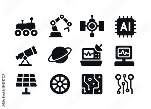 Robotic Space Icons. Robotic space systems. Solid icon set of ro