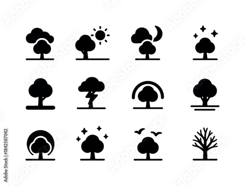 Tree and Sky Icons. Tree and sky. Solid icon set of Tree and sky