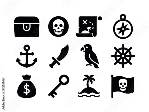 Pirate Treasure Icons. Pirate gold. Solid icon set of pirate gol
