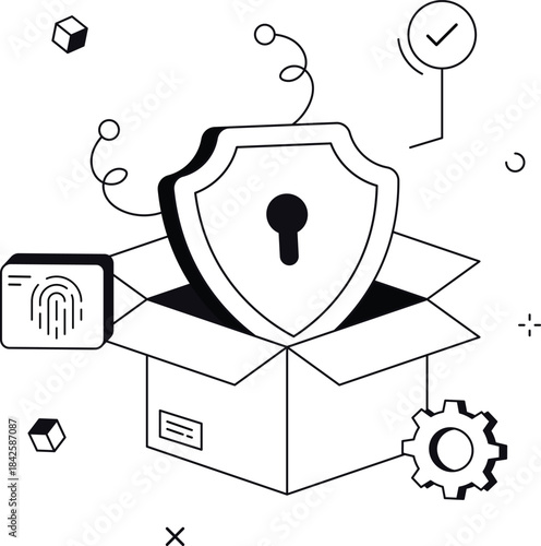 Cyber security settings box with gear and shield isometric flat vector illustration