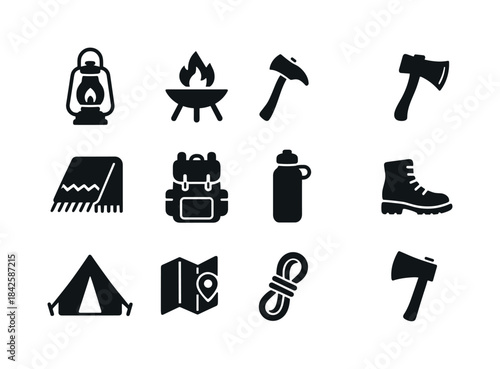 Outdoor Camping Icons. Outdoor cabin gear. Solid icon set of out