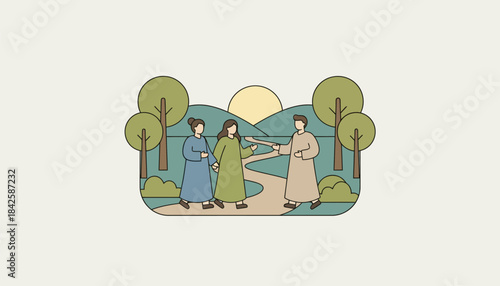 A serene outdoor setting where a couple walks together discussing their feelings during a guided counseling retreat.