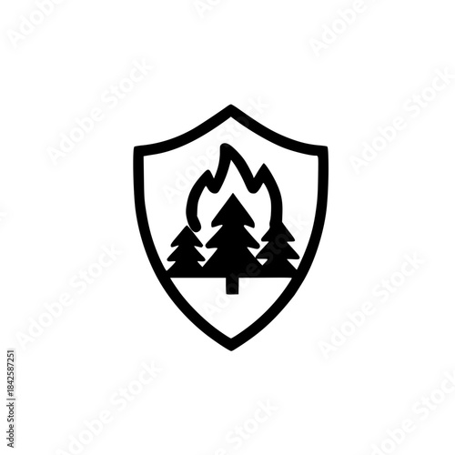Vector shield icon showing tree engulfed in flames symbolizing wildfire protection and ecological crisis theme
