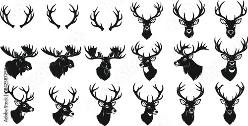Hand Drawn Deer Head Silhouette Collection, Moose and Antler Vector Set, Reindeer Logo Elements, Wildlife Trophy Hunting and Forest Animal Graphics.