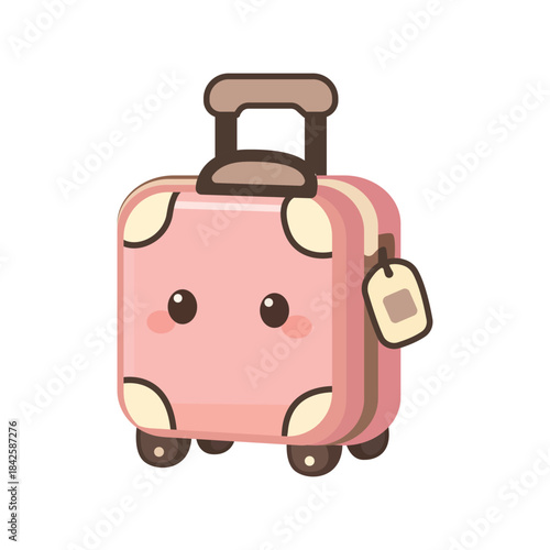 Kawaii Cute Suitcase Luggage Character Vector, Pink Travel Bag Cartoon Icon