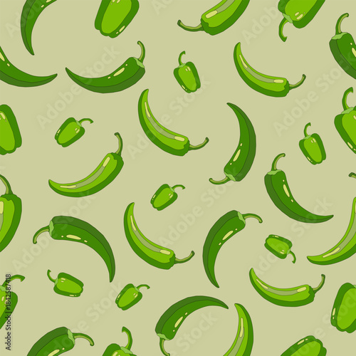 Hand drawn jalapeno and chili pepper seamless repeating background pattern. green chili pattern.