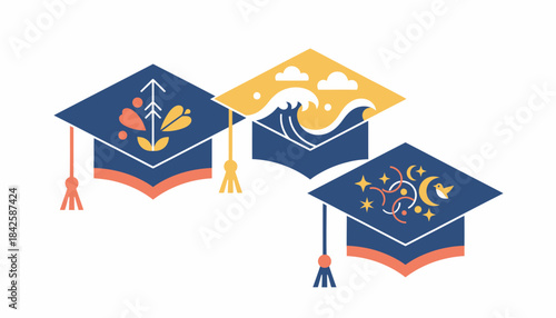 Closeup of decorated graduation caps featuring personal designs and messages of hope and dreams.