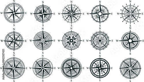 Vintage Marine Compass Rose Collection, Nautical Navigation Wind Rose Vector Set, Antique Maritime Map Direction Icons, Retro Sea Adventure Design Elements.