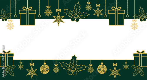 Elegant Christmas border background with green and white space, gold hanging ornaments, snowflakes, stars and holly leaves; festive holiday template for greeting cards, invitations and seasonal design
