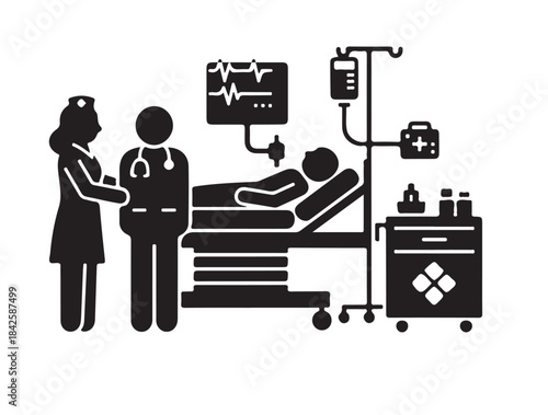 Emergency Room in silhouette white background.