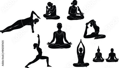 Yoga Silhouette Collection, Black Woman Meditating and Stretching Poses Vector Set, Wellness and Mindfulness Exercise Icons for Fitness Branding Graphics.