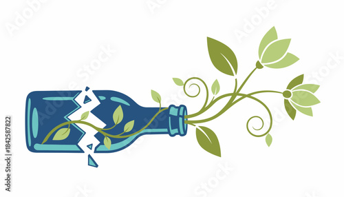 A broken glass bottle morphing into a plant illustrating the concept of recycling glass into new life.