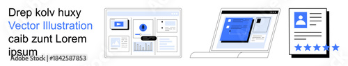Web design, UI UX, user profiles, business tools, digital ratings, software. Includes web page layouts, laptop screens and rating systems. UI UX design and user profiles concept