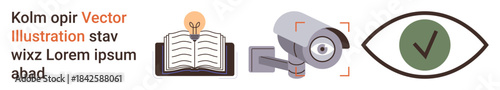 Education, innovation, surveillance, monitoring, security, validation. Open book with light bulb, surveillance camera checkmark within eye icon. Education and surveillance concept