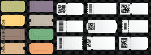 Collection of blank colorful and white raffle entry stubs featuring barcode and qr code designs