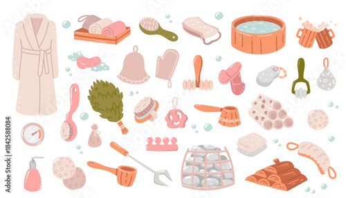 Cozy bathhouse and spa accessories vector set featuring robes, towels, brushes, slippers, sauna buckets, birch brooms, massage tools, soap, sponges, stones, and other relaxation essentials.